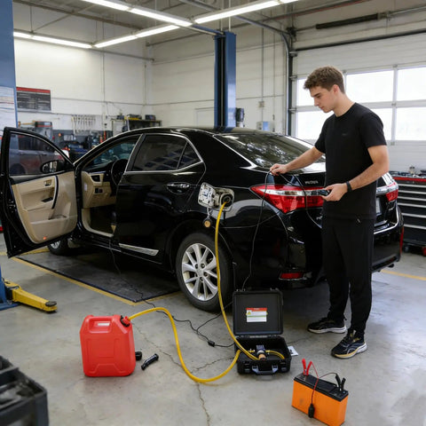 No Sweat 12V 75W Electric Gas Fuel Transfer Pump Set in use with red gas can and dual car adapter in automotive garage.