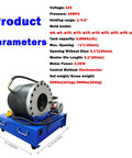 Heavy Duty Electric Hose Crimper With Ten Precision Dies For High Pressure Hydraulic Lines One Quarter To Two Inches 12 Volt 2200 Watt Badass Shop Workhorse with detailed specifications.