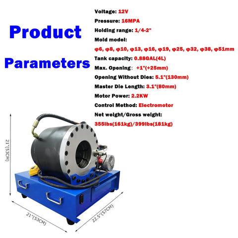 Heavy Duty Electric Hose Crimper With Ten Precision Dies For High Pressure Hydraulic Lines One Quarter To Two Inches 12 Volt 2200 Watt Badass Shop Workhorse with detailed specifications.