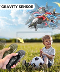 Foam Remote Control Airplane With Light For Kids And Grownups flying above boy in field with gravity sensing remote control
