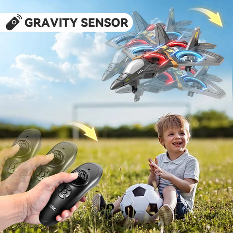 Foam Remote Control Airplane With Light For Kids And Grownups flying above boy in field with gravity sensing remote control
