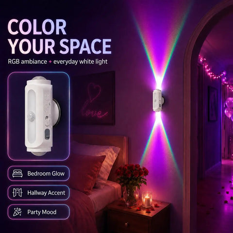 Rechargeable Motion Sensor Wall Lights Peel And Stick Sconces Set Of Two Wireless Magnetic Fixtures For Hallway Or Stairs illuminating a bedroom.