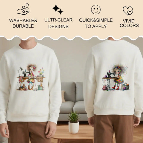 Front and back view of two white hoodies with DTF transfers, featuring quirky designs on an Iron On Transfers Set for creativity.
