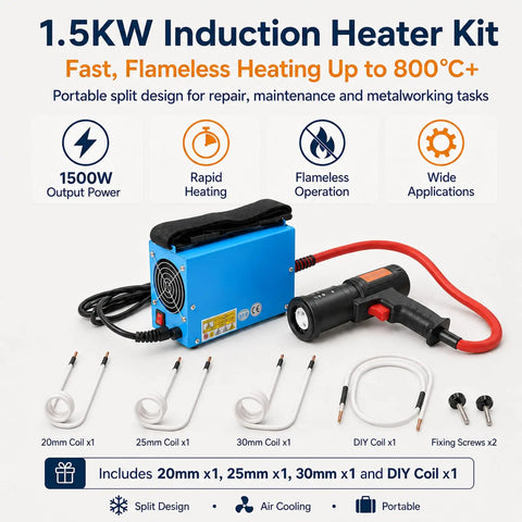 Pro Grade Top Shelf Heavy Duty Electric Magnetic Induction Heater 1500 Watt No Sweat Quick Fix Kit with coils and portable design.