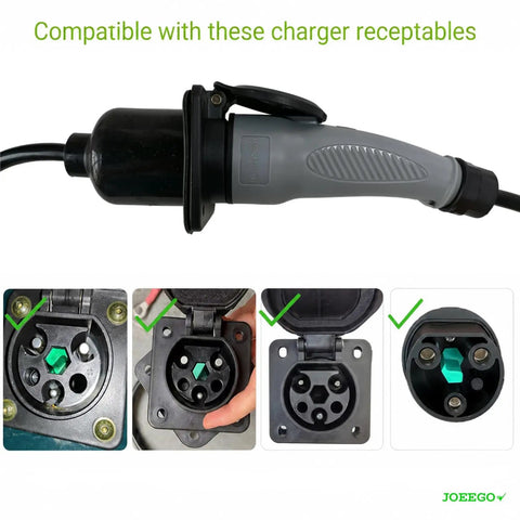 Top Shelf Charging Power Cord Assembly For MadJax X Series Storm And Star Ev Golf Cart Eight Point Two Feet Length One Hundred Ten Volt UL Listed Replacement Cable Oem Two Cr Nine Ten Compatible With Denago Breezy, showing charging plug and compatible receptacles.