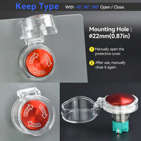 22mm Push Button Switch with Clear Protective Cover IP66 Waterproof, red button, showing open and closed positions, 3-pack close-up