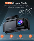 Crystal Clear 1296P Front Dash Cam With WiFi App Night Vision Mini Hidden Car Camera showing 2K resolution features.