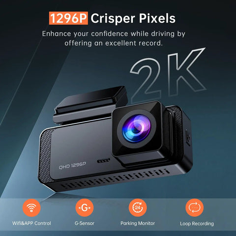 Crystal Clear 1296P Front Dash Cam With WiFi App Night Vision Mini Hidden Car Camera showing 2K resolution features.