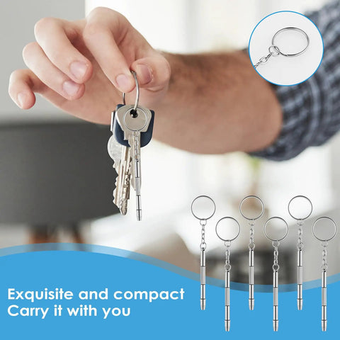 4 In 1 Eyeglasses Screwdriver Kit With Keychain Portable 6 Piece Precision Repair Set shown attached to keys
