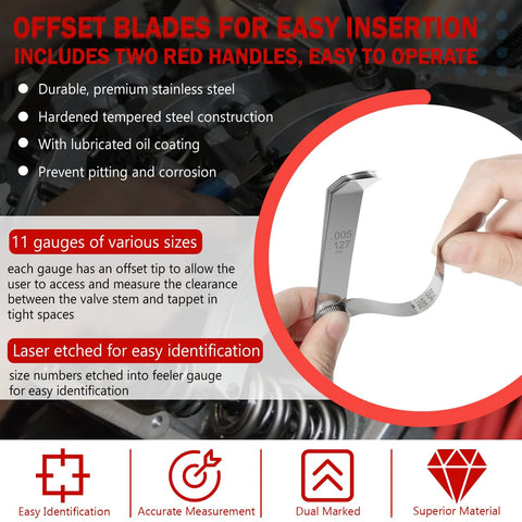 Close-up of Amazon A308 offset valve tappet gauge set with 11 stainless steel feeler blades and two red handles.