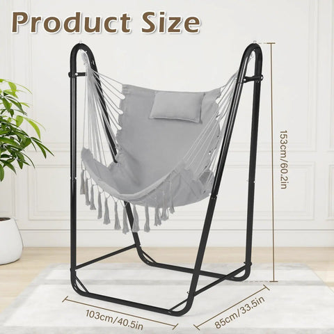 Heavy Duty U Shaped Hammock Chair With Stand Ready To Chill Rustproof Hanging Swing for Yard and Garden, Bohemian style, light gray