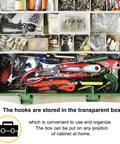Open toolbox showing assorted hardware and tools with compartments for 72 Piece Picture Hanger Kit With 4 Sizes and Iron Alloy Nail Hooks.