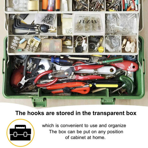 Open toolbox showing assorted hardware and tools with compartments for 72 Piece Picture Hanger Kit With 4 Sizes and Iron Alloy Nail Hooks.