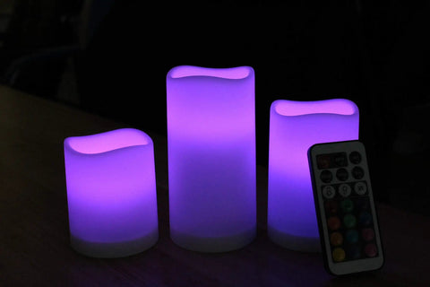 LED Flameless Candles Set Of 3 With Remote And Timer Color Changing LED Candles For Indoor And Outdoor Use glowing in purple