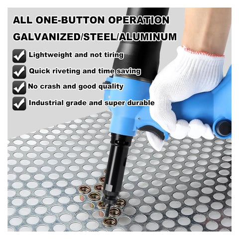 Heavy Duty Pneumatic Rivet Nut Gun Badass Air Tool For Fastening Bolts Includes M3 Through M12 Threads in use on steel sheet.