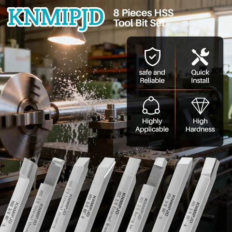 Eight Piece Lathe Tool Set With Three Eighths Inch Shank For Turning Boring Grooving And Threading Includes Eighty Degree Right And Left Sixty Degree Right And Left Tools A Boring Bar Internal And External Threading Tools And External Grooving Tool displayed in a workshop setting.