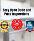 Stay up to code and pass inspections text with satisfaction guarantee and USA based seller badges on blurred kitchen background.