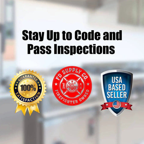 Stay up to code and pass inspections text with satisfaction guarantee and USA based seller badges on blurred kitchen background.