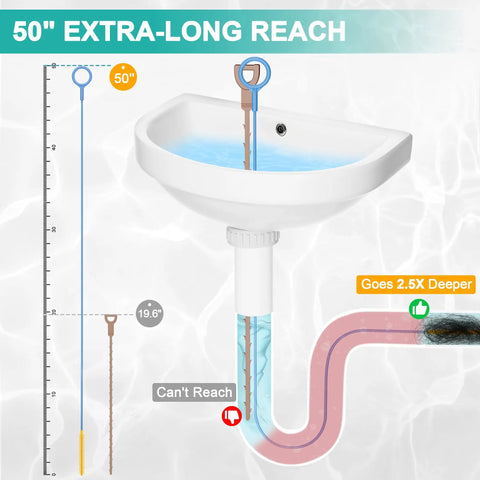50 Inch Drain Snake 3 Pack Reusable Clog Remover For Kitchen And Bathroom Drains Ultra Slim And Unbreakable, 50-inch tool in sink drain