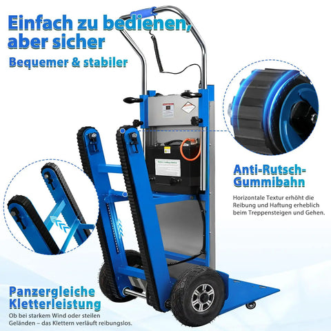Heavy Duty Electric Stair Climbing Dolly With Powerful 1250W Motor And Telescopic Handle, Folding Hand Truck For Effortless Furniture Moving holds 900lbs, showing features and rubber wheels.