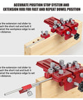 Professional Dowel Jig Kit With Secure Position Stop And Heavy Clamp For Rapid Five Hole Drilling, showing extension rod and stop system.