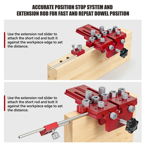 Professional Dowel Jig Kit With Secure Position Stop And Heavy Clamp For Rapid Five Hole Drilling, showing extension rod and stop system.