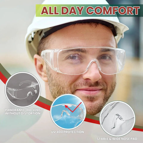 Person wearing Over Eyeglasses Safety Goggles 6 Pack Anti Fog Anti Scratch ANSI Z87.1 Polycarbonate Wraparound Lenses