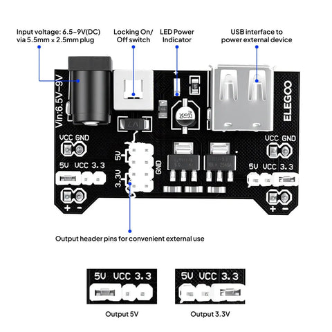 Totally Upgraded Electronics Fun Kit With Power Supply Module And Jumper Wires Precision Potentiometer 830 Tie Points Breadboard Compatible With Arduino And STM32 Over 300 Components Tutorials And Datasheet Included showing power supply module with input output ports and features