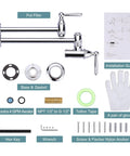 Chrome Pot Filler Faucet Wall Mount With Dual Handles And Double Joint Swing Arms with installation kit components laid out
