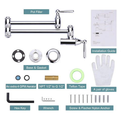 Chrome Pot Filler Faucet Wall Mount With Dual Handles And Double Joint Swing Arms with installation kit components laid out