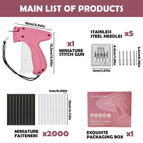 Slick Portable Handheld Stitch Gun For No Sweat Clothes Tagging And Quick Fix Sewing Gear with five needles and fasteners.