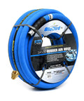Heavy Duty 3/4 X 50 Ft Rubber Air Hose Rated For 300 Psi coiled with brass end fitting against a white background.