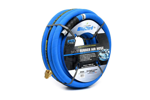 Heavy Duty 3/4 X 50 Ft Rubber Air Hose Rated For 300 Psi coiled with brass end fitting against a white background.