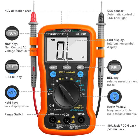 BT-39K Digital Multimeter With Case Pro Grade 4000 Count Volt Ohm Amp Tester Auto Ranging Voltmeter DMM displayed with features labeled.