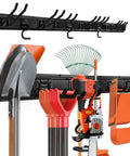 Heavy Duty Garage Wall Organizer Rack Kit With Three Mop Holders And Six Multi Purpose Hooks For Shovels Rakes Trimmers Hoses Ladders And Chairs Built From Aluminum Panels For Weather Resistant High Strength Wall Storage