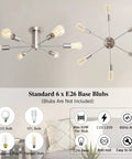 Six Light Brushed Nickel Sputnik Semi Flush Mount Ceiling Light Fixture with mid-century modern vibe, 6-arm design, ideal for living spaces.