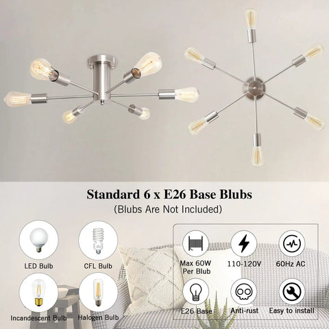 Six Light Brushed Nickel Sputnik Semi Flush Mount Ceiling Light Fixture with mid-century modern vibe, 6-arm design, ideal for living spaces.