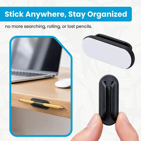 Adhesive Pencil Holder Kit Ten Pack For Desk And Wall Clipboard Silicone Pen Organizer in use on a wooden desk