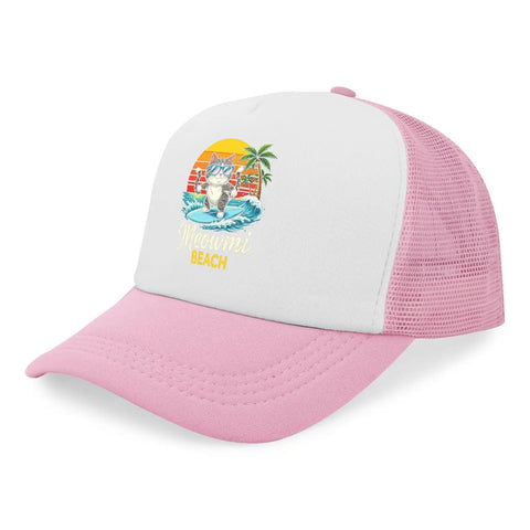 Pink Lightweight Mens Beach Cap With Adjustable Buckle Distressed Washed Low Profile Baseball Hat featuring Meowmi Beach design