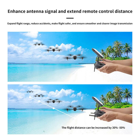Yagi Antenna Booster for DJI RC2 and RC Pro2 in use, enhancing signal range over a tropical beach, drone flying high.