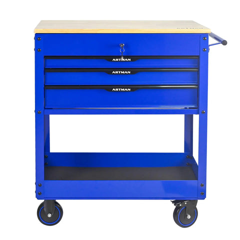 Rolling Tool Cart With Wheels 3 Drawers And A Wooden Top Heavy Duty Mechanics Cabinet For Garage Workshop And Warehouse Ball Bearing Drawers Mobile Tool Storage Cabinet Blue front view