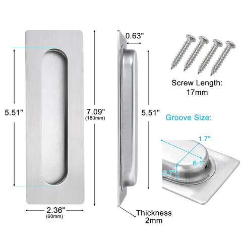 Dead Simple Seven Inch Recessed Pocket Door Pull With Rock Solid Rust Proof Brushed Stainless Steel Slide Grip Handle dimensions and screws.