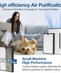 Two Pack Replacement Filter Set For APH260 Air Purifier 3 In 1 System displayed with purifier and filters by woman and dog