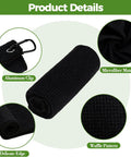 Two Black Microfiber Waffle Golf Towels With Retractable Club Brush showing waffle pattern, aluminum clip, and microfiber material
