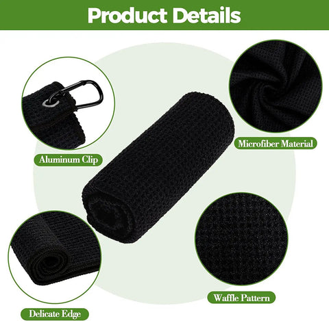 Two Black Microfiber Waffle Golf Towels With Retractable Club Brush showing waffle pattern, aluminum clip, and microfiber material
