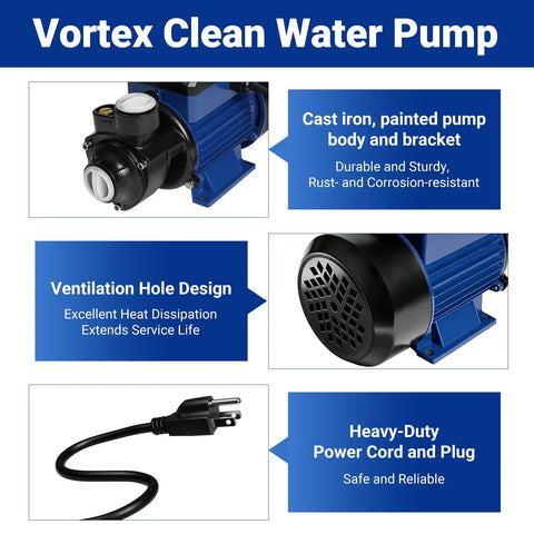 Heavy Duty 1/2Hp Cast Iron Water Transfer Pump Delivers 570Gph Steady Flow And 118Ft Head To Boost Household Pressure For Garden Irrigation Pond Refilling With Totally No Sweat Vortex Operation, featuring cast iron body and heavy-duty power cord.