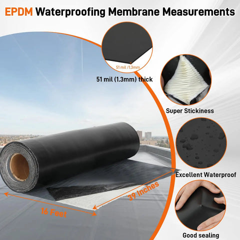 Built Tough 51 Mil Epdm Rubber Roofing Rolls With Peel And Stick Backing for fast tool-free flat roof application shown with measurements.