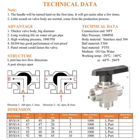 3 Way Ball Valve L Port 1 Quarter Inch NPT 304 Stainless Steel Barstock Heavy Duty 5mm Reduced Port diverter valve and technical data.