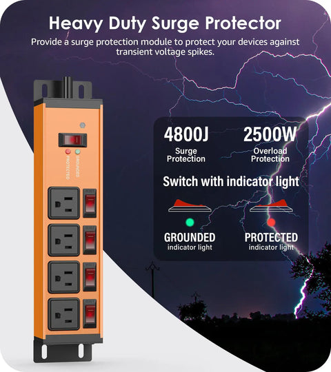 Magnetic Heavy Duty Power Strip With Four Outlets And 20 Amp Individual Switches And Master Switch 12 Gauge Extension Cord