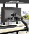Single Monitor Arm Desk Mount With Super Smooth Tilt And Swivel Fits 13 To 32 Inch Screens handles cables neatly for a tidy workspace.